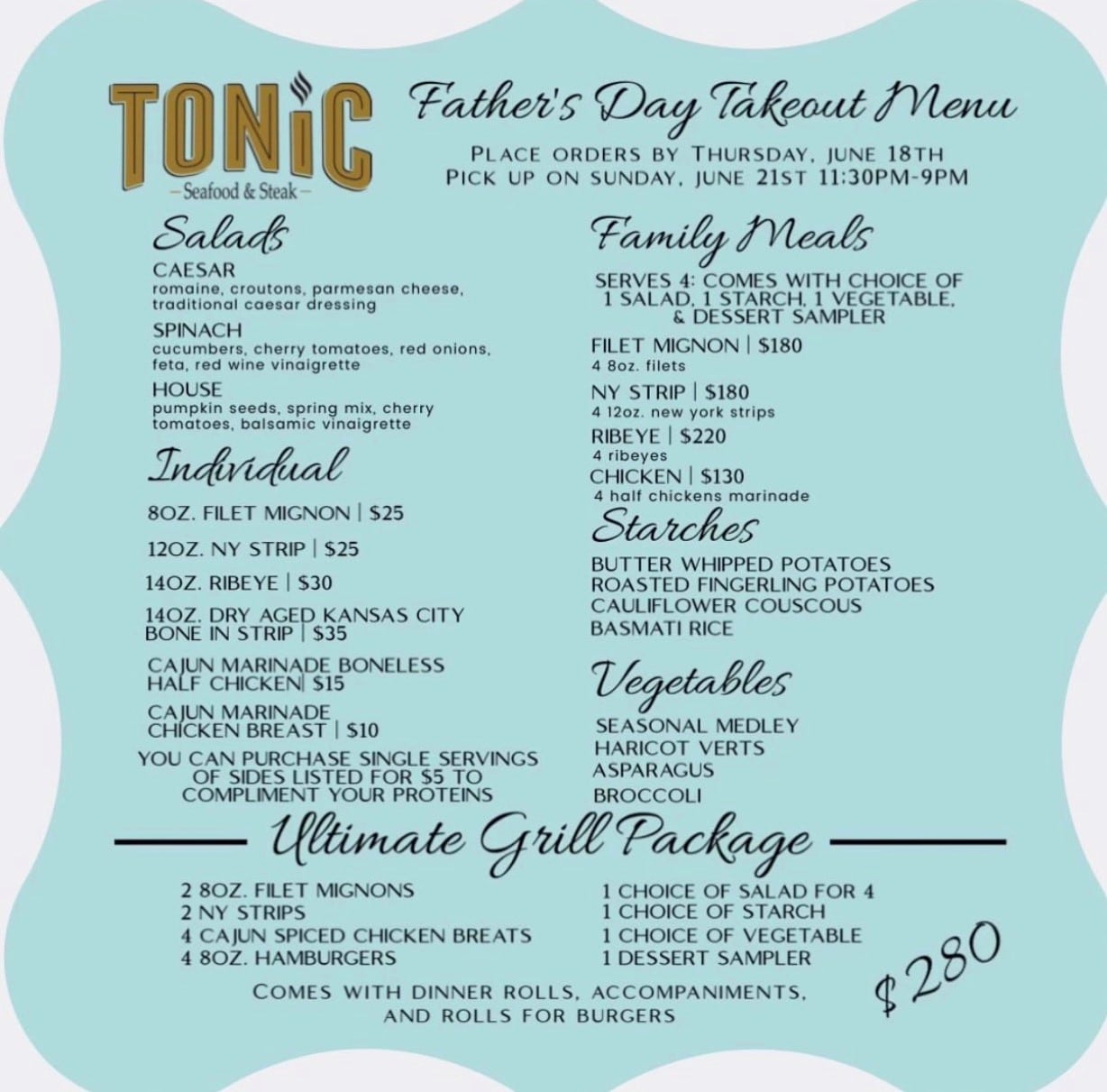 Father's Day Menu For Tonic in Wilmington