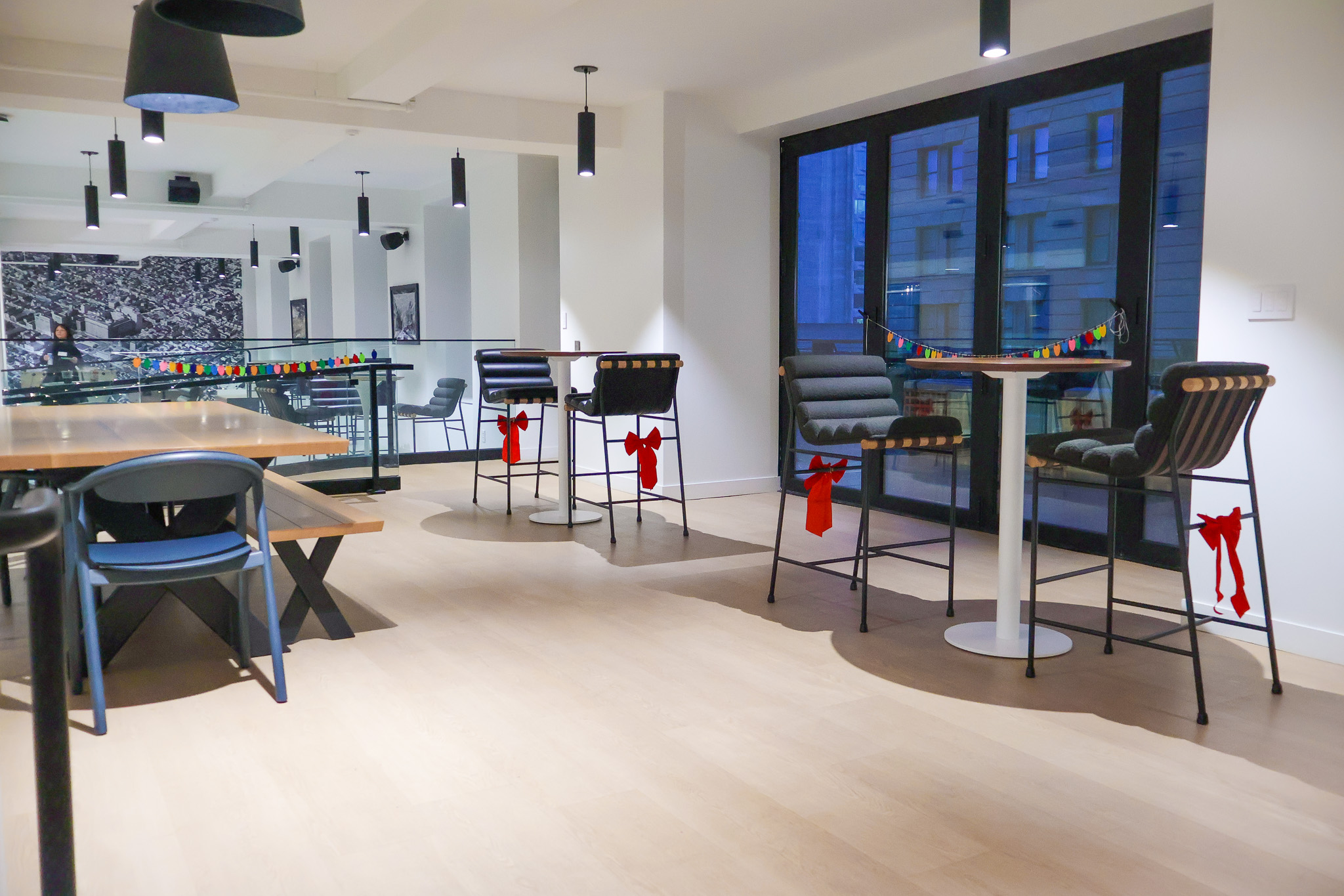 The Mill community workspace in Wilmington, Delaware decorated for 2024 holidays